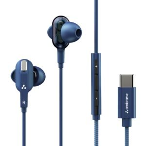 Ambrane Type C Wired Earphones with Mic, Dual Dynamic Drivers, Hi-Fi Stereo Sound, Deep Bass, in-Ear Earphones for Gaming, Music & Calls, Compatible with Type C Smartphones, iPhone,Android, Ipad
