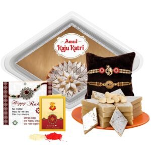 TIED RIBBONS Rakhi for Brother combo with Sweets – Set of 2 Premium Rakhi with Kaju Katli Gift Pack Mini Greeting Card and Roli Chawal – Rakhi Gift for Brother