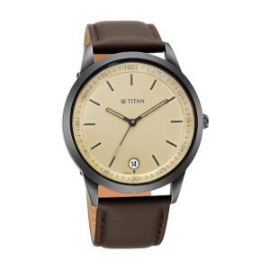 Titan Minimalist Timeless Style Quartz Analog with Date Champagne Dial Dark Brown Leather Strap Watch for Men – NP1806NL02