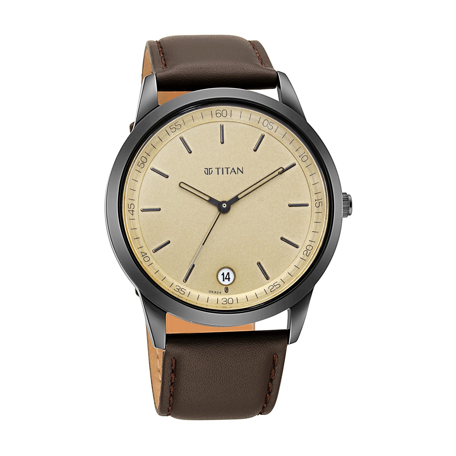 Titan Minimalist Timeless Style Quartz Analog with Date Champagne Dial Dark Brown Leather Strap Watch for Men – NP1806NL02