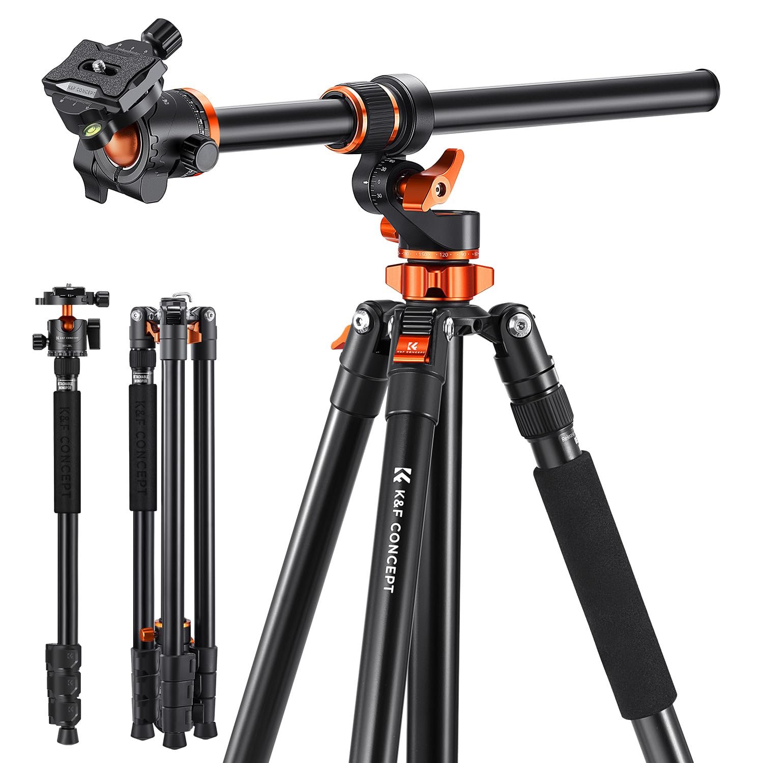 K&F Concept 90 Inch/230Cm Ultra High Camera Tripod,Horizontal Overhead Shooting Travel Tripods With Metal Ball Head 10KG Load Capacity,Detachable Monopod,For Indoor And Outdoor Use T254A7+BH-28L,Black