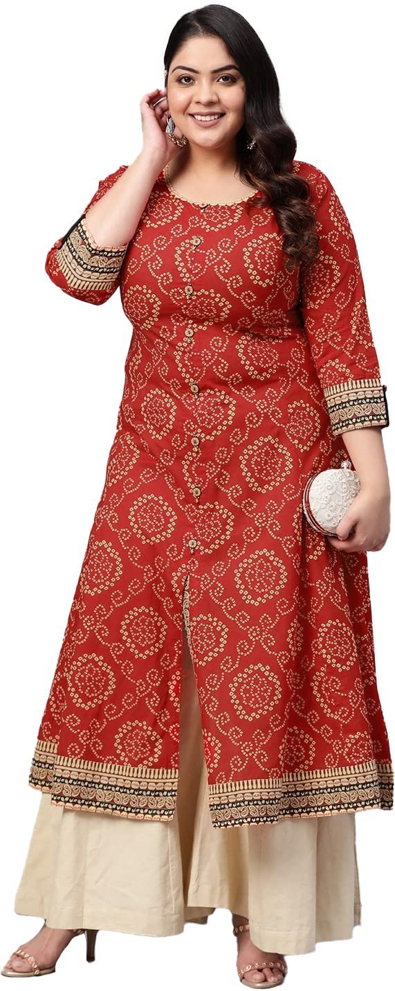 Yash Gallery Women’s Plus Size Cotton Bandhej Printed Anarkali Kurta|Regular Fit
