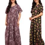 NILOUFO Women’s Cotton Printed Maxi Nighty – Pack of 2 Soft Ankle-Length Night Dresses | Free Size Sleepwear Gowns for Women