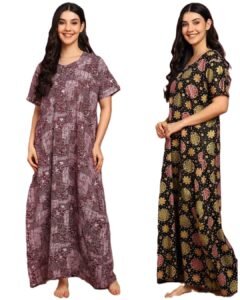 NILOUFO Women’s Cotton Printed Maxi Nighty – Pack of 2 Soft Ankle-Length Night Dresses | Free Size Sleepwear Gowns for Women