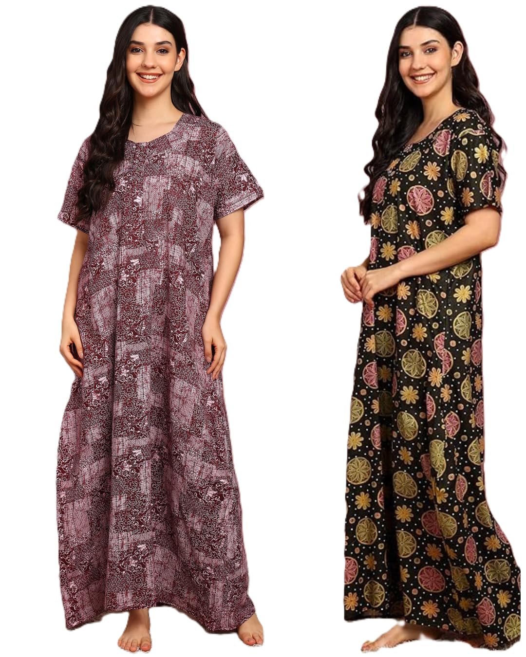 NILOUFO Women’s Cotton Printed Maxi Nighty – Pack of 2 Soft Ankle-Length Night Dresses | Free Size Sleepwear Gowns for Women