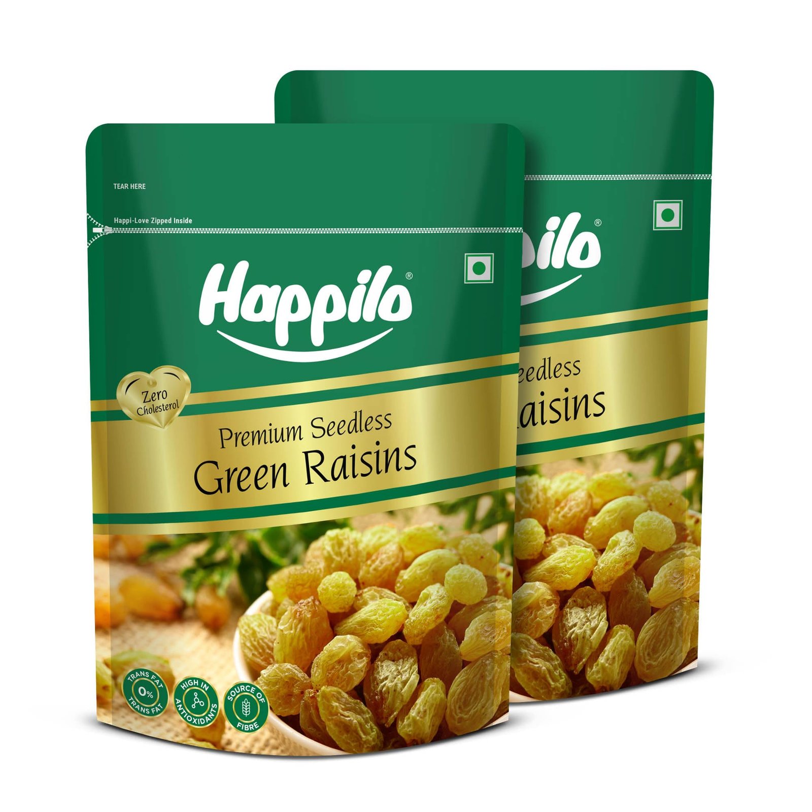 Happilo Premium Seedless Fresh Green Raisins Kishmish Nutritious Rich In Iron Value Pack 500Gram(Pack Of 2)