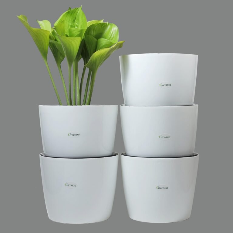 GREENON® 10 Inch Plant Pot Pack of 5 (10 Pots) Self Watering | White Outer and Black Inner Flower Pot | UnFadable Planter | Suitable for Indoor and Balcony Plants | Low Maintenance Gamla