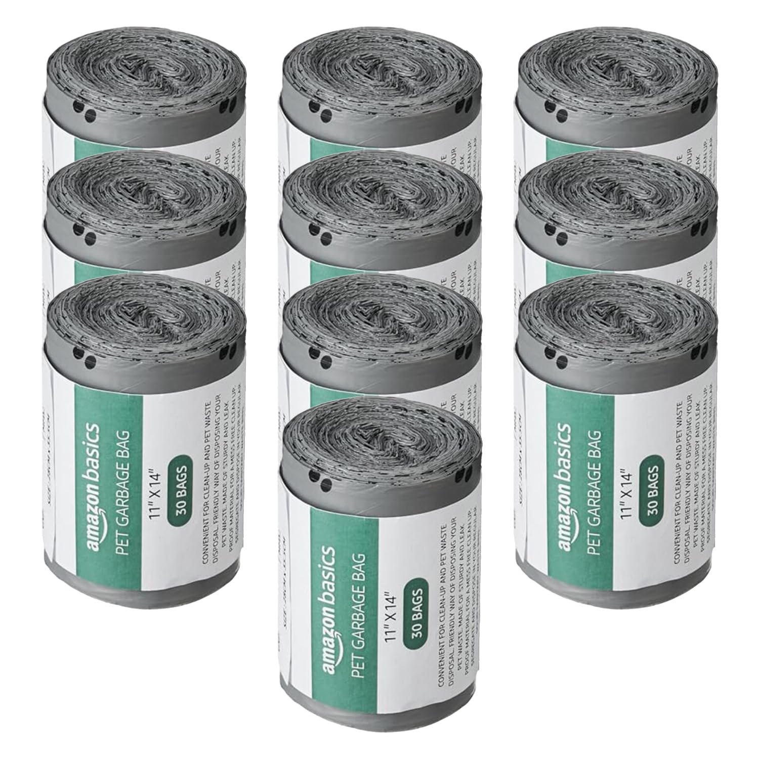Amazon Basics Pet Poop Bags with Fun Paw Print Design | Strong, Leak-Proof | Easy to Use | Unscented | Grey | 300 Count (30 Bags x 10 Rolls)
