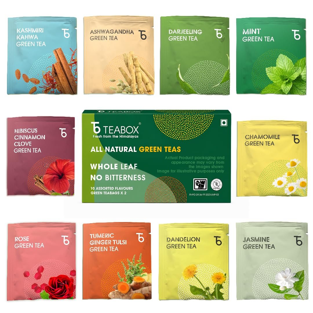 Teabox Wellness Assorted Flavoured Green Tea Bags | 20 Bags, 10 Flavors x 2 Each | Whole Leaf, 0% Bitterness | Variety Flavours for Every Mood