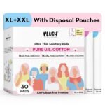 Plush Ultra-Thin Sanitary Napkins for Women, 30 Pcs | 16 XL Pads (Light-Medium Flow), 14 XXL Pads (Heavy Flow), 4Panty Liners | 100% Rash-Free | Pure U.S. Cotton XXL Sanitary Pads with Free Disposable Pouches | No Fragrance | No Toxic-Chemicals