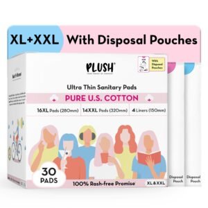 Plush Ultra-Thin Sanitary Napkins for Women, 30 Pcs | 16 XL Pads (Light-Medium Flow), 14 XXL Pads (Heavy Flow), 4Panty Liners | 100% Rash-Free | Pure U.S. Cotton XXL Sanitary Pads with Free Disposable Pouches | No Fragrance | No Toxic-Chemicals