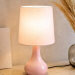 Homesake® Small Ceramic Table Lamp, Bedside Desk Lamp, Lamp for Living Room, Lamps for Bedroom, Farmhouse Bedside Nightstand, Modern Home Decoration Item, Décor Light, with Pink Fabric Shade