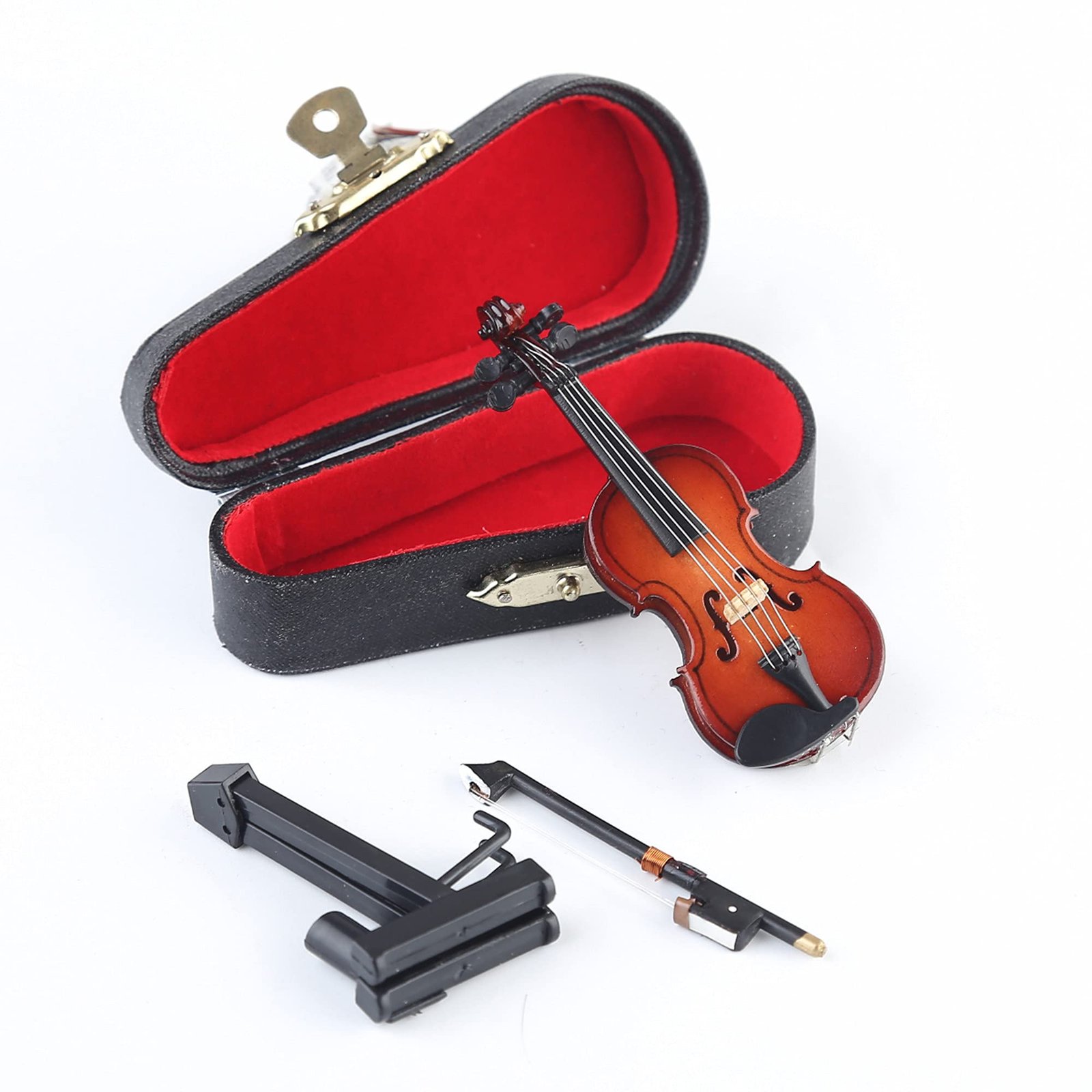 Seawoo Wooden Miniature Violin with Stand,Bow and Case Mini Musical Instrument Miniature Dollhouse Model Home Decoration (3.15″x1.18″x0.59″)