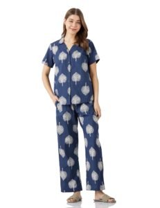 Amazon Brand – Myx Women Cotton Shirt and Relaxed Pajama Set | Night Suit Set (Available in Plus Sizes)