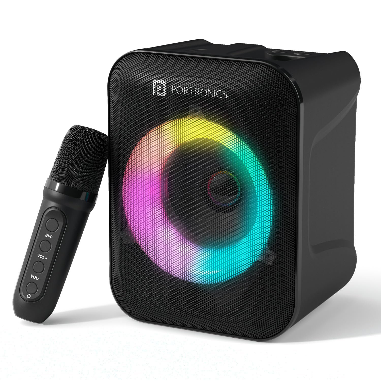 Portronics Apollo One 20W Wireless Bluetooth Portable Speaker with Wireless Karaoke Mic, 5 Hour Playtime, RGB LED Light, Bluetooth V5.3, Easy Grab Handle, USB/AUX in/TF Card, Type C Charging(Black)