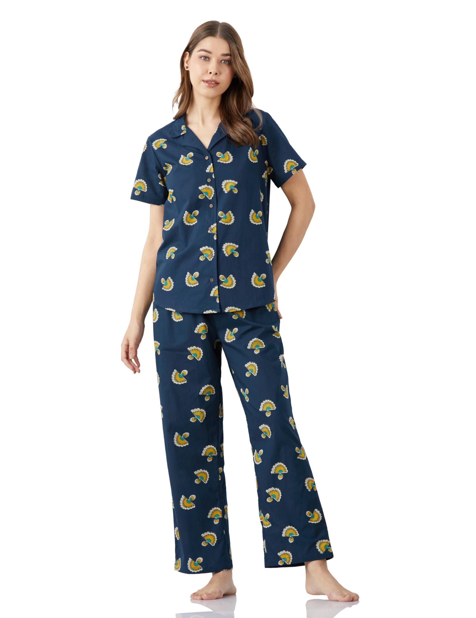 Amazon Brand – Myx Women Cotton Shirt and Relaxed Pajama Set | Night Suit Set (Available in Plus Sizes)