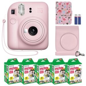 Fujifilm Instax Mini 12 Instant Camera + MiniMate Accessory Bundle & Compatible Custom Case + Fuji Instax Film Value Pack (50 Sheets) Flamingo Designer Photo Album (Blossom Pink)