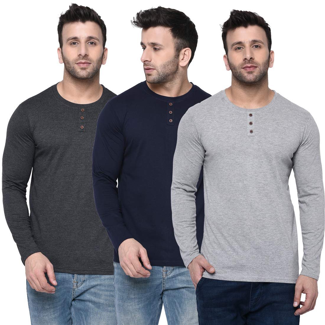 London Hills Solid Men Regular Fit Full Sleeve Round Neck Cotton Blend T-Shirt (Pack of 3)