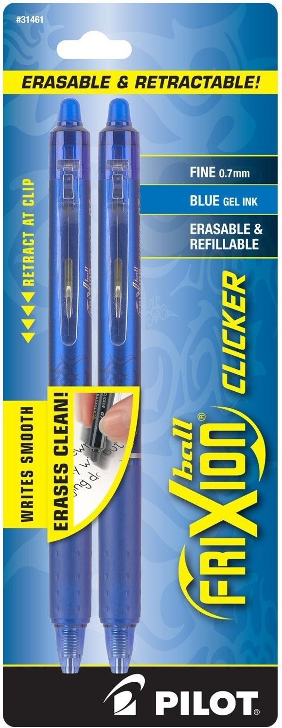 Pilot FriXion Clicker Retractable Erasable Gel Pens, Fine Point, Blue Ink, 2-Pack (31461)