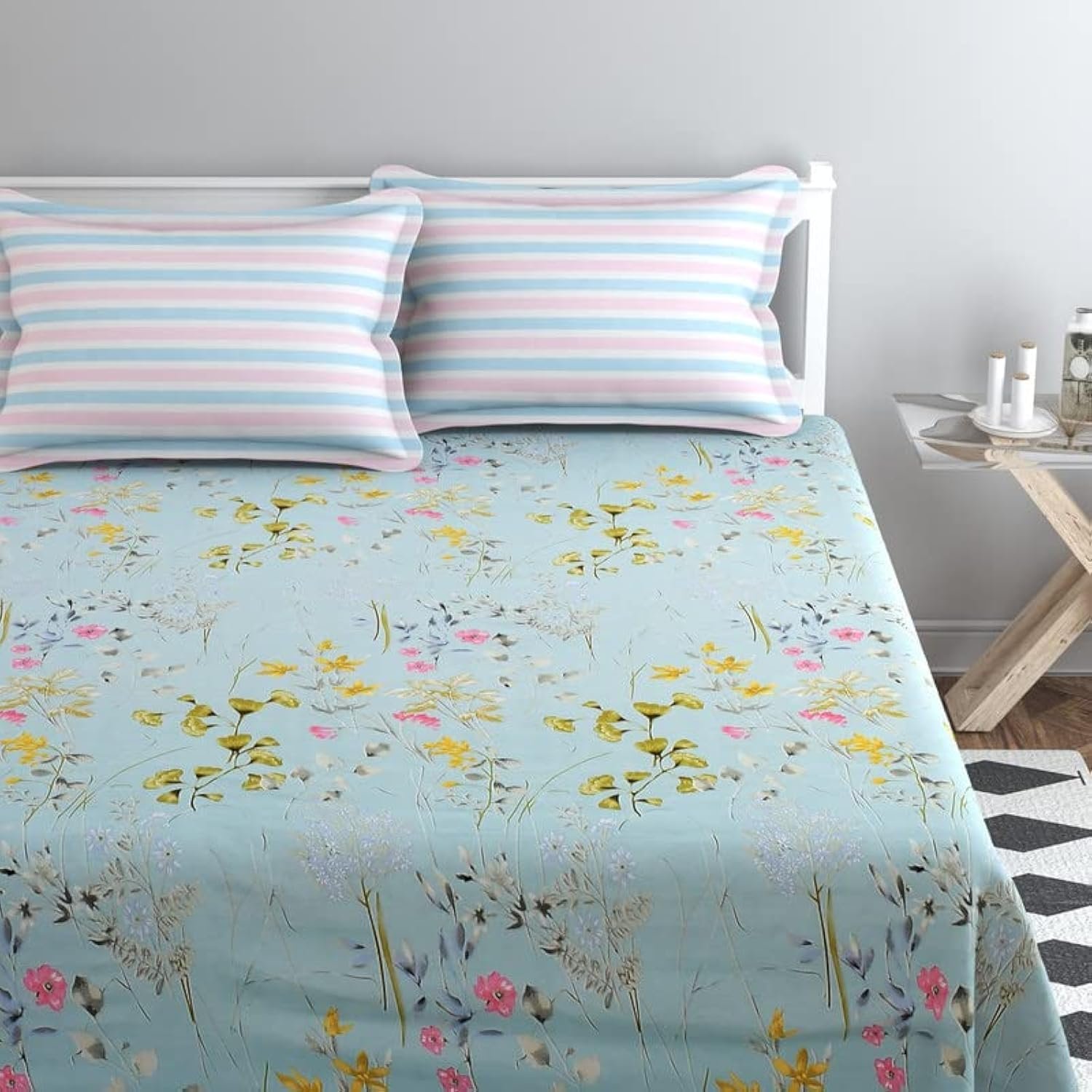 BSB HOME Kingston Collection Super King Size Bedsheets with 2 King Size Pillow Covers|Luxury Soft Sheets(3Pcs Set)|108X108 Inches,(Sky Blue&Pink,Cotton)-Kingston Premimum,160 TC