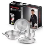 Bergner Tripro Triply Stainless Steel 4 Pc Cookware Set, 24 cm Indian Wok/Kadai with Lid, 22 cm Frypan, 16 cm Tea Pan, Even and Fast Heating, Induction Bottom, Gas Ready, Silver