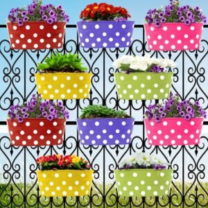 TrustBasket Dotted Oval Railing Planter for Balcony with Detachable Handle (Multicolor, Pack of 10, 12 inch) | Hanging Planter | Anti Rust Plant Container Gamla for Home Décor | Indoor & Outdoor