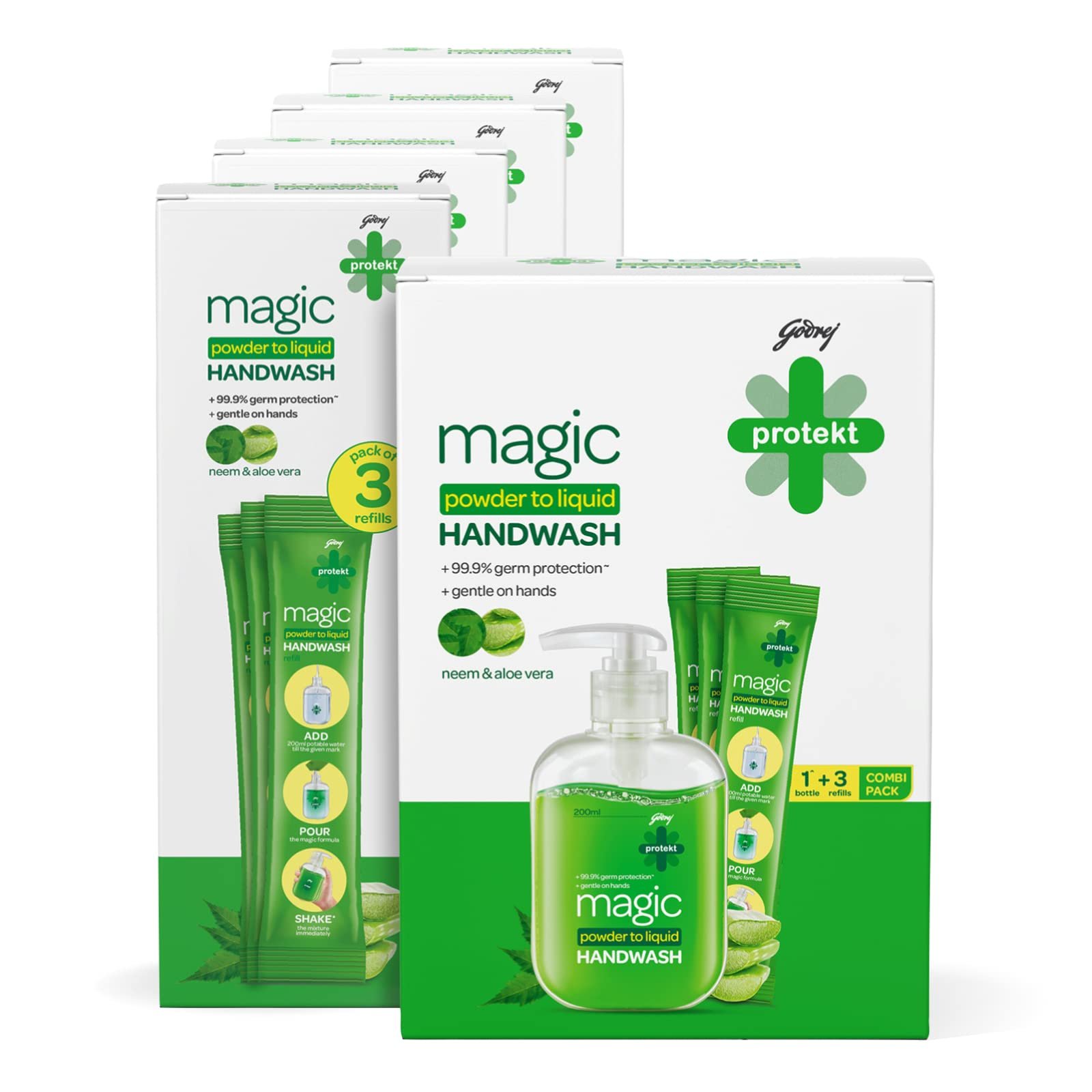 Godrej Protekt magic Powder-To-Liquid Handwash – Bottle + 15 Refills | 135g (Makes 3 Litres)