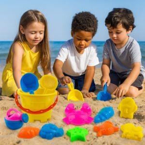 Wishkey Beach Toys for Kids Sand Game Castle Building Plastic Toy Set, Multicolor Kids Toys Bucket and Animal Molds Pack of 10 for Outdoor Play and Travel Fun