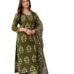 PARTHVI Women’s Pure Cotton Printed Straight Kurta Set with Palazzo Pants & Dupatta- Ethnic Wear, Green