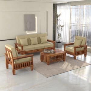 Solid Sheesham Wood Sofa Set 5 Seater, Wooden Sofa Sets 3+1+1 for Living Room, Five Seater Sofa Set with Cream Cushions for Office & Lounge, Honey
