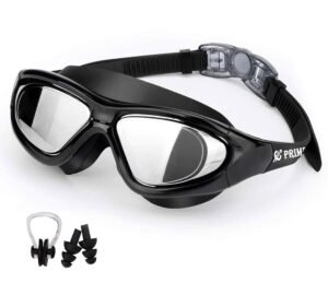 PRIME DEALS Premium Big Frame Competition Swim Goggles with Free Protective Case Pro Clear Lens & Wide-Vision Swimming Goggles with UV and Anti Fog Protection for Adult Men Women – Black.