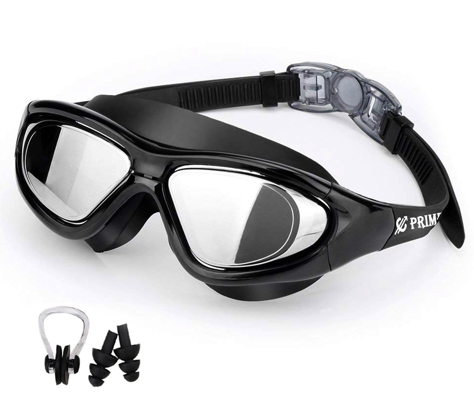 PRIME DEALS Premium Big Frame Competition Swim Goggles with Free Protective Case Pro Clear Lens & Wide-Vision Swimming Goggles with UV and Anti Fog Protection for Adult Men Women – Black.
