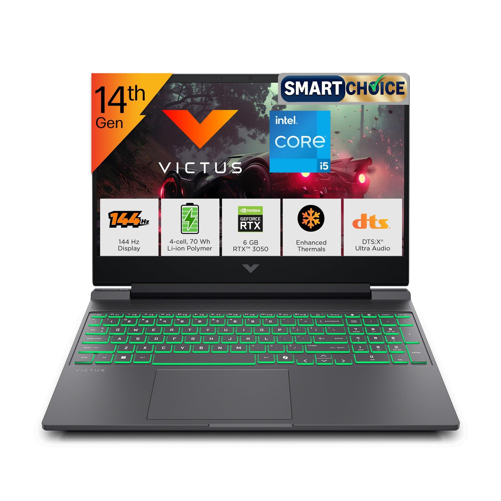HP Smartchoice Victus, 14th Gen Intel Core i5-14450HX, 6GB RTX 3050, 24GB DDR5(Upgradeable) 512GB SSD, 144Hz, 300 nits, 15.6”/39.6cm, Win11, Office 24, Mica Silver, 2.3kg, fa2303/15tx, Gaming Laptop