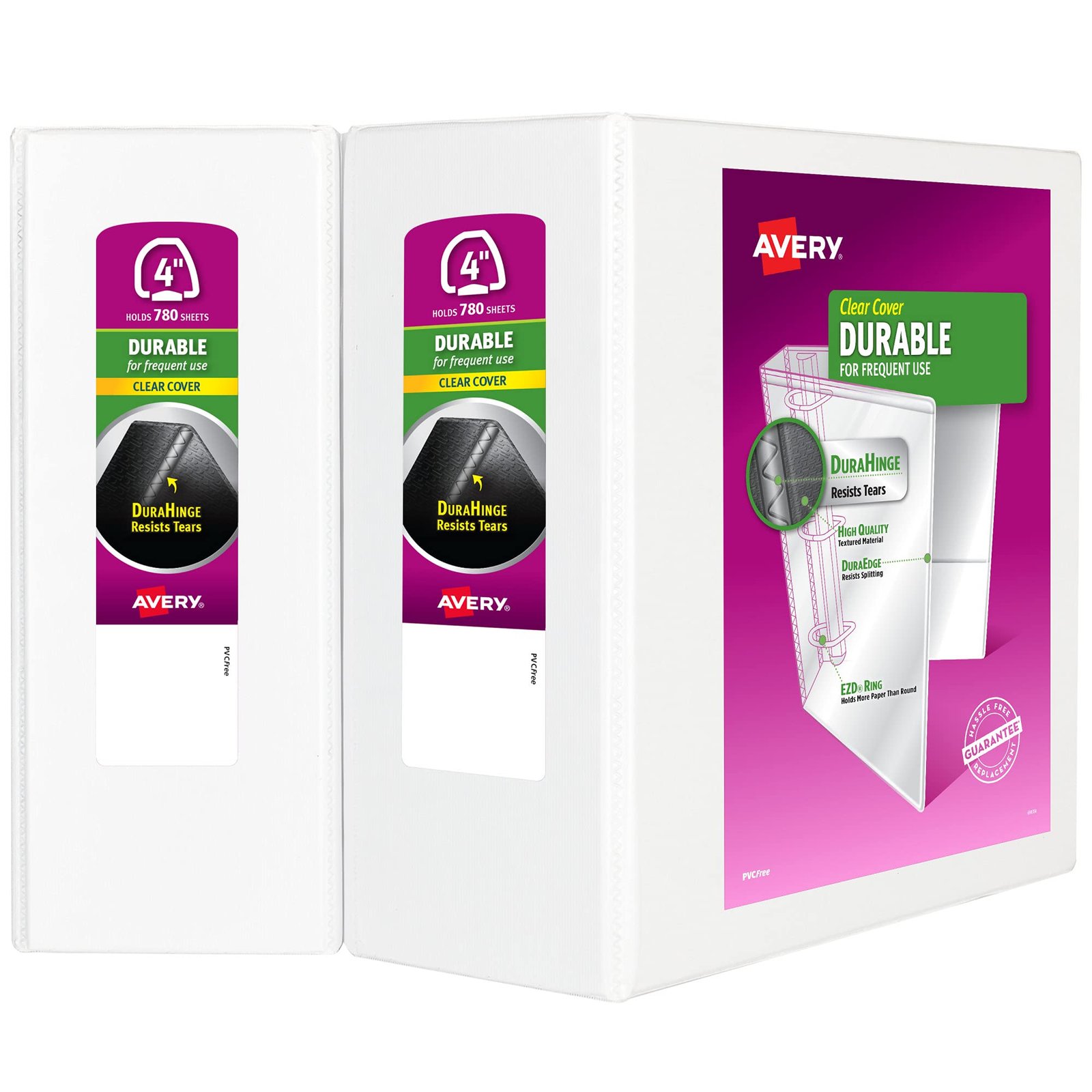 Avery Durable View Binder, 4-Inch One Touch Rings, 780-Sheet Capacity, DuraHinge, White, Multi Pack of 2 (09801)