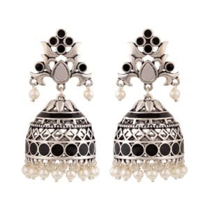 Voylla Brass Silver Oxidised Plating Rangabati Pink Embellishments Jhumka Earrings with Pearl Beads for Women and Girls