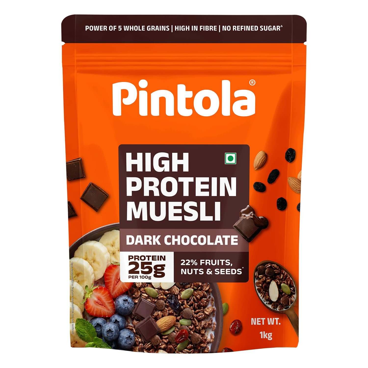 Pintola 25g High Protein Dark Chocolate & Cranberry Muesli 1kg, No Refined Sugar, High Fibre, Breakfast Cereal