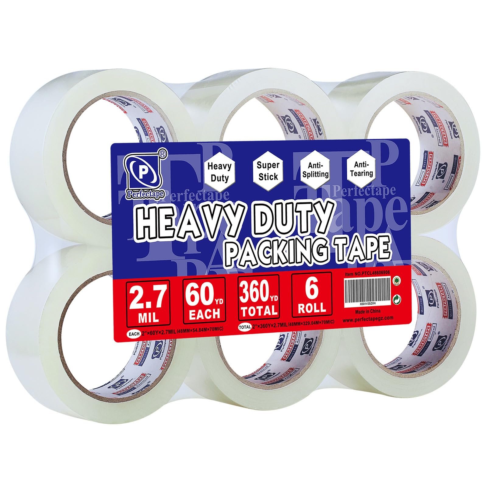 PERFECTAPE Heavy Duty Packing Tape 6 Rolls, Total 360Y, Clear, 2.7 mil, 1.88 inch x 60 Yards, Ultra Strong, Refill for Packaging and Shipping