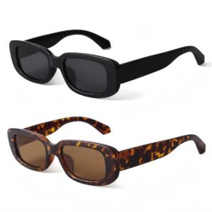 BUTABY Women’s Rectangle Sunglasses Retro Driving Glasses 90s Vintage Fashion Narrow Square Frame UV400 Protection, Black+Leopard Brown Lens