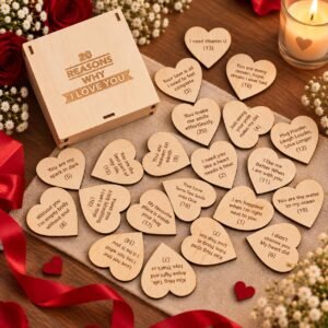 eCraftIndia Brown Wooden 20 Reasons Why I Love You Printed On Little Hearts Gift Box Valentine Gift for Girlfriend Boyfriend Husband Wife Her Him Valentines Day Gift | Valentine Day Decoration Items
