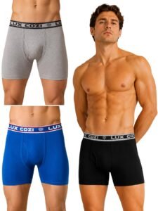 Lux Cozi Men’s Long Trunk Underwear Pack of 3 | Premium Super Combed Cotton Boxer Briefs for Men | Breathable,Moisture-Wicking | Soft Waistband | Comfortable Innerwear | Color May Vary