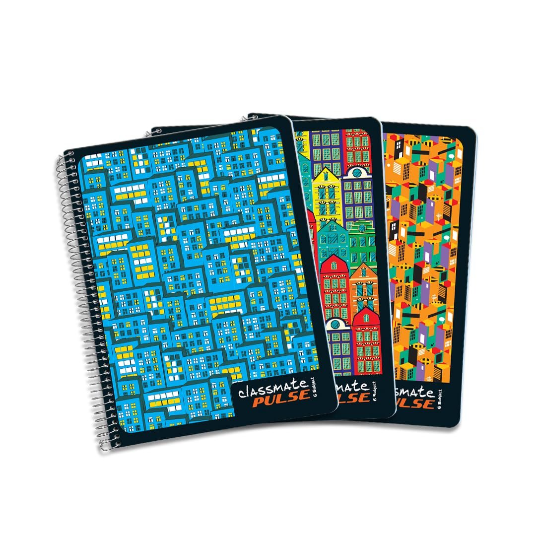 Classmate Pulse 6 Subject Spiral Notebook – Pack of 3 | Unruled | 300 Pages | 24.0cm x 18.0cm | Attractive Cover Designs | Soft Cover | Notebooks for College Students