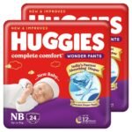 Huggies Complete Comfort Wonder Pants | Pant Style Baby Diapers Newborn Size (NB/XS), 48 Count | India’s Fastest Absorbing Diaper, Prevents Diaper Rash, Ideal for 0-5 Kgs (24 Count, Pack of 2)