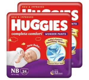 Huggies Complete Comfort Wonder Pants | Pant Style Baby Diapers Newborn Size (NB/XS), 48 Count | India’s Fastest Absorbing Diaper, Prevents Diaper Rash, Ideal for 0-5 Kgs (24 Count, Pack of 2)