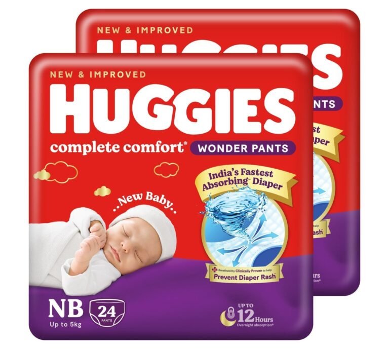 Huggies Complete Comfort Wonder Pants | Pant Style Baby Diapers Newborn Size (NB/XS), 48 Count | India’s Fastest Absorbing Diaper, Prevents Diaper Rash, Ideal for 0-5 Kgs (24 Count, Pack of 2)