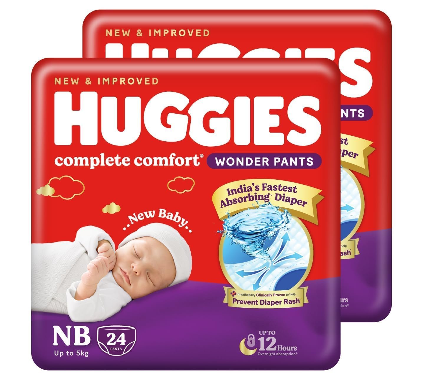 Huggies Complete Comfort Wonder Pants | Pant Style Baby Diapers Newborn Size (NB/XS), 48 Count | India’s Fastest Absorbing Diaper, Prevents Diaper Rash, Ideal for 0-5 Kgs (24 Count, Pack of 2)