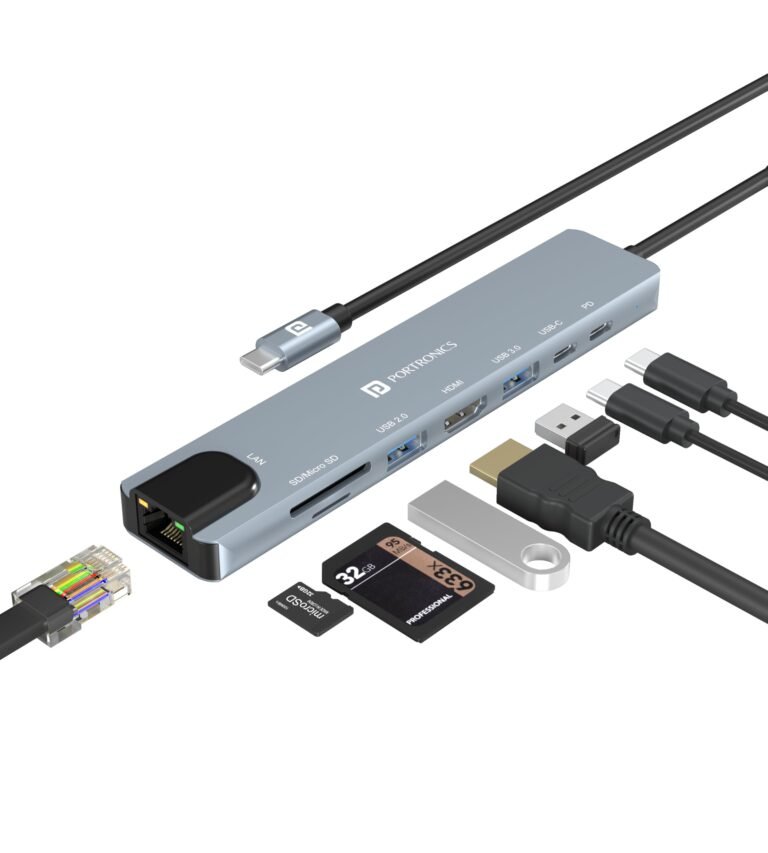 Portronics Mport 8 USB-C USB Hub/Docking Station(8-in-1) with 4K 30Hz HDMI, 100 Mbps Ethernet, USB 3.0, microSD/SD Card Reader, Type-C Data, PD Charging, USB 2.0, Type-C Plug for Laptop, Mac, PC