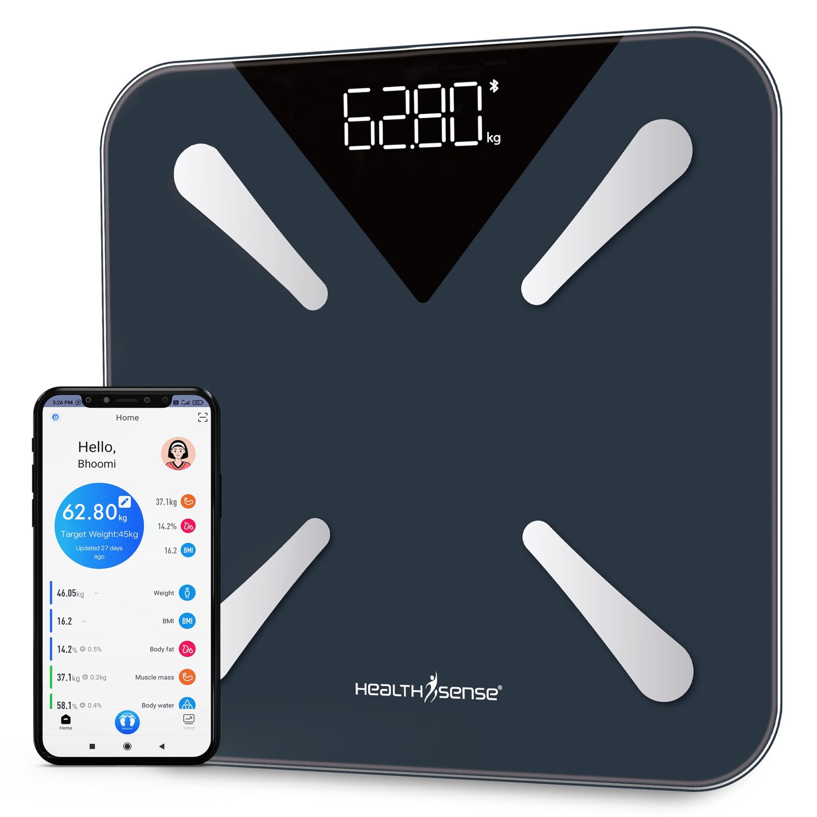 HealthSense Bluetooth BMI Weight Machine for Body Weight, Digital Body Fat Analyzer & Smart Body Composition Scale with Mobile App, 14 Body Parameters, LED Display & 1 Year Warranty – BS191