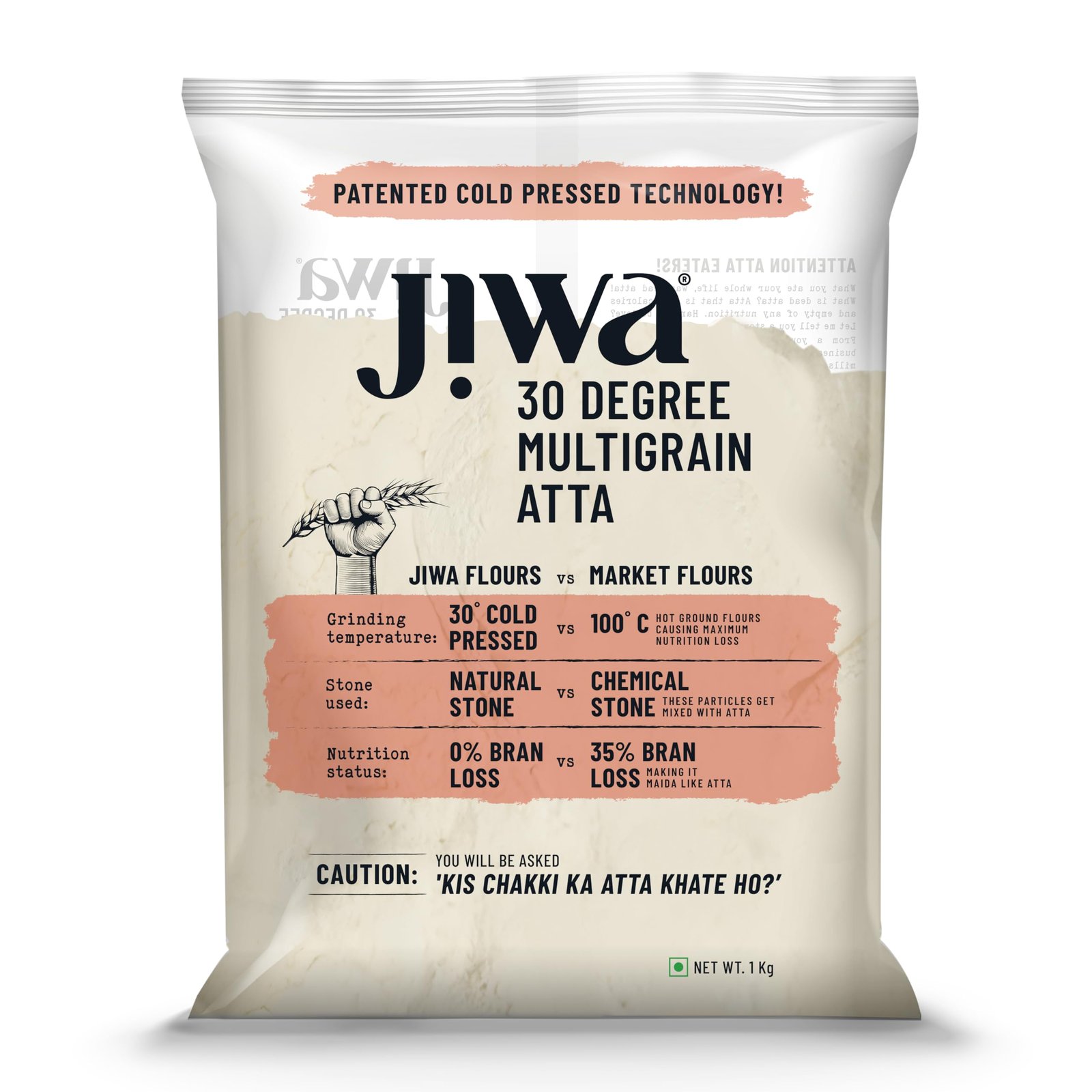 Jiwa 30 Degree Multigrain Flour / Atta | 1 Kg | Patented Cold Pressed Flour | Slow Ground | Sweet Taste And Aroma | Puffed Soft Rotis