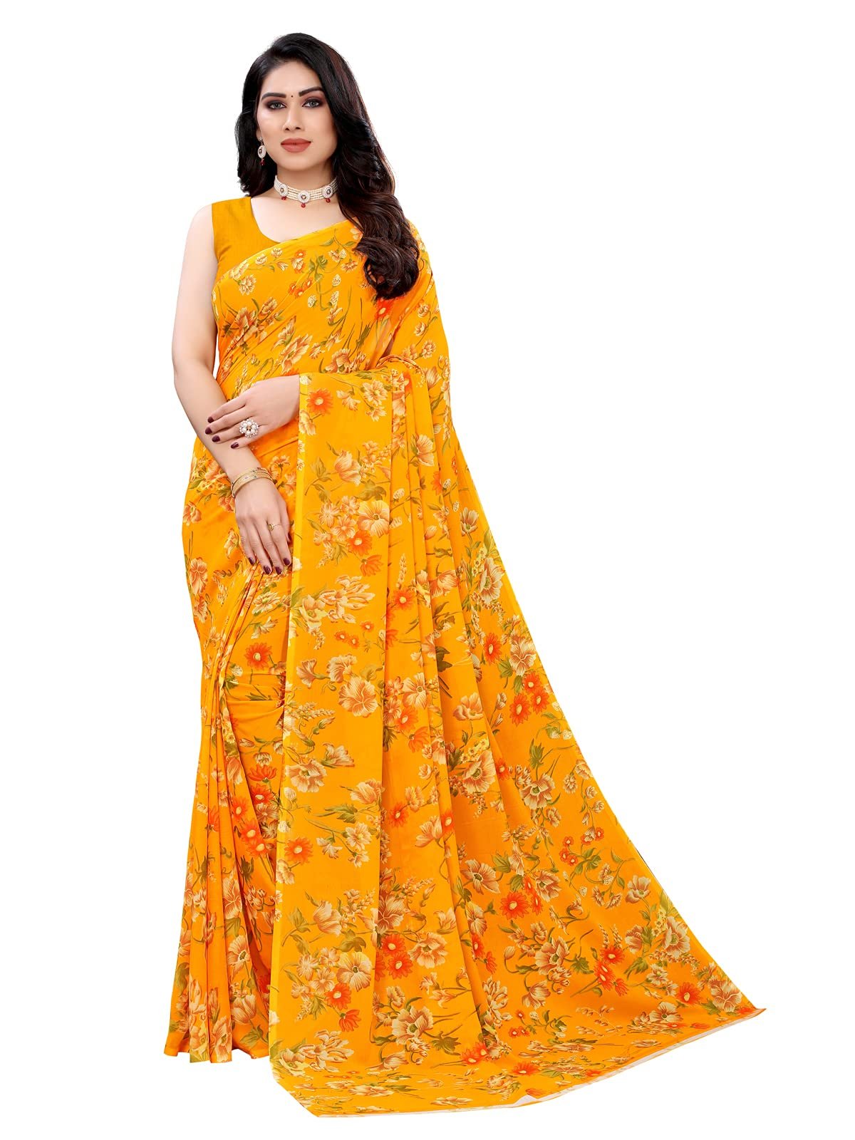 SIRIL Women’s Floral Printed Georgette Saree with Unstitched Blouse Piece
