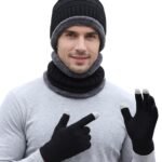 Winter Knit Beanie, Hat, Neck Warmer Scarf and Woolen Gloves Set – Skull Cap for Men & Women (3 Piece)